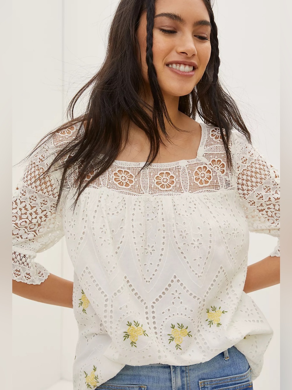 Anthropologie White Eyelet Lace Peasant Blouse with Yellow Floral Embroidery